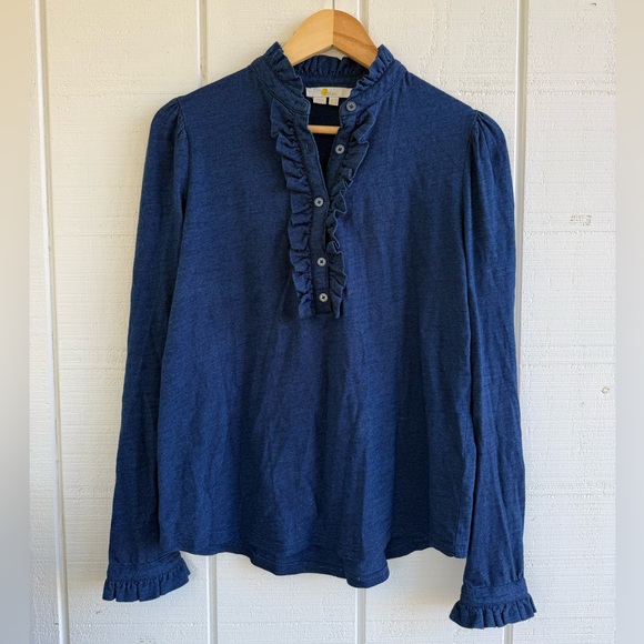 Boden Navy Ruffled Front Button 100% Cotton Blouse US 6 (Small) - Picture 2 of 5